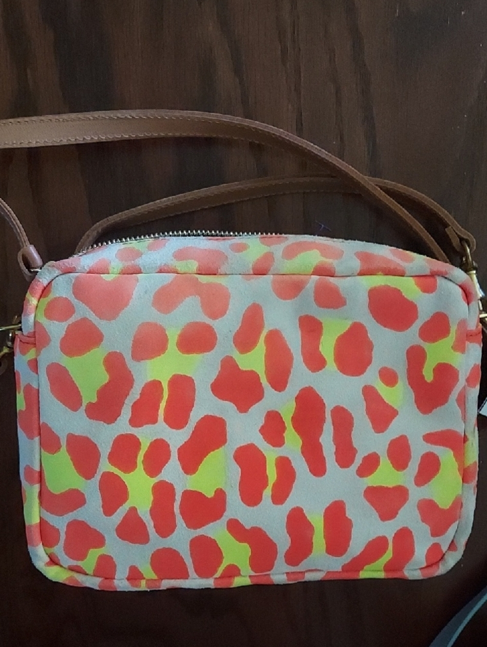 Clare V Orange and Yellow Pattern Crossbody with Brown Strap